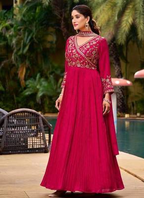 Pink Vichitra Embroidered Gown set 2