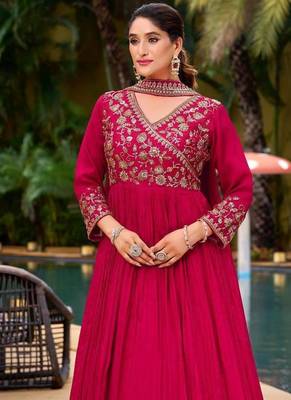 Pink Vichitra Embroidered Gown set 4
