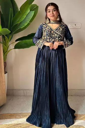 Navy Blue Vichitra Embroidered Gown Set