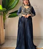 Navy Blue Vichitra Embroidered Gown Set