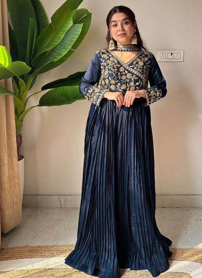 Navy Blue Vichitra Embroidered Gown Set