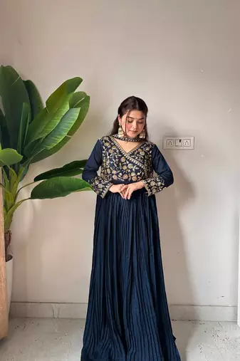 Navy Blue Vichitra Embroidered Gown Set