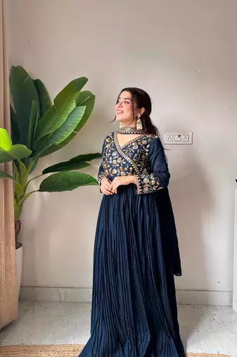 Navy Blue Vichitra Embroidered Gown Set