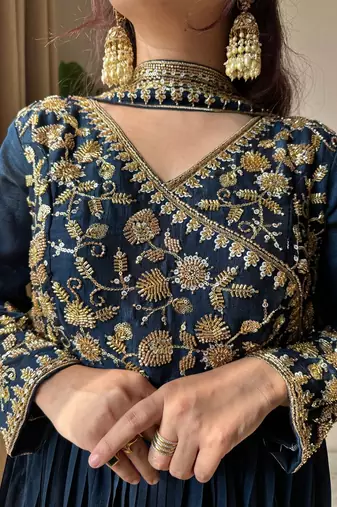 Navy Blue Vichitra Embroidered Gown Set