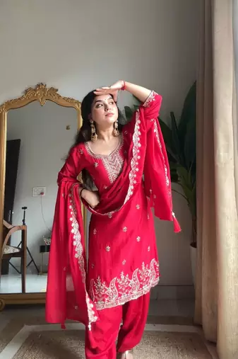 Red Chinon Embroidered Salwaar Suit