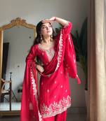 Red Chinon Embroidered Salwaar Suit