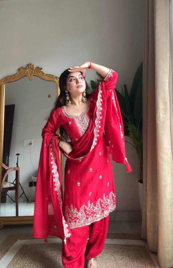 Red Chinon Embroidered Salwaar Suit