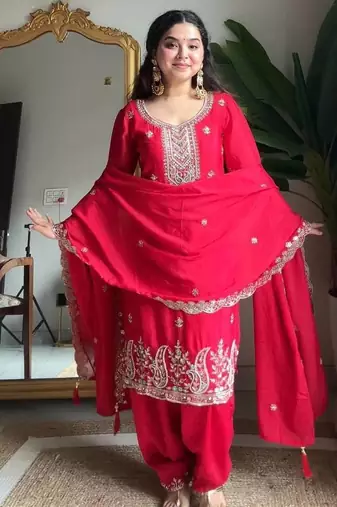 Red Chinon Embroidered Salwaar Suit
