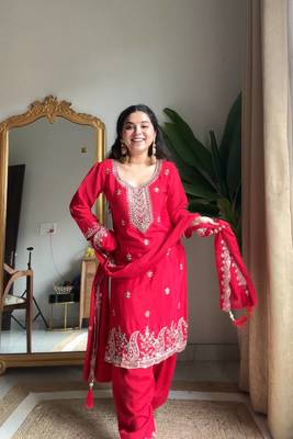 Red Chinon Embroidered Salwaar Suit 3