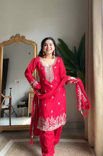 Red Chinon Embroidered Salwaar Suit