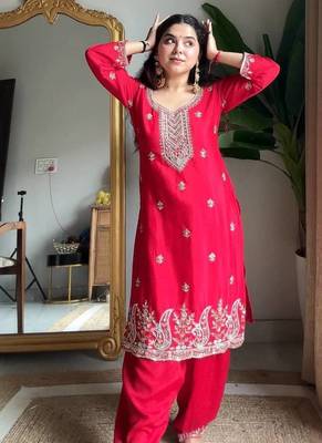 Red Chinon Embroidered Salwaar Suit 4