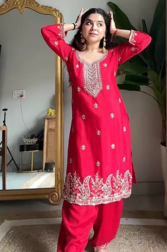 Red Chinon Embroidered Salwaar Suit