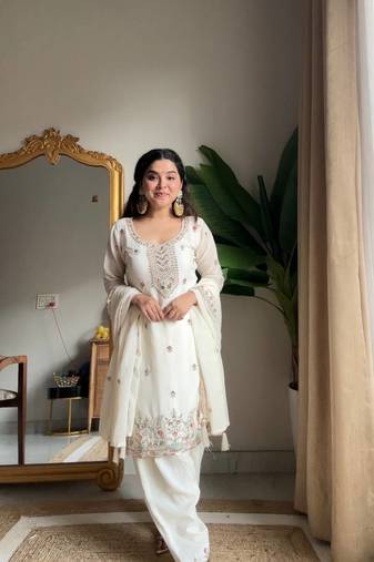 White Chinon Embroidered Salwaar Suit