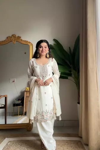 White Chinon Embroidered Salwaar Suit