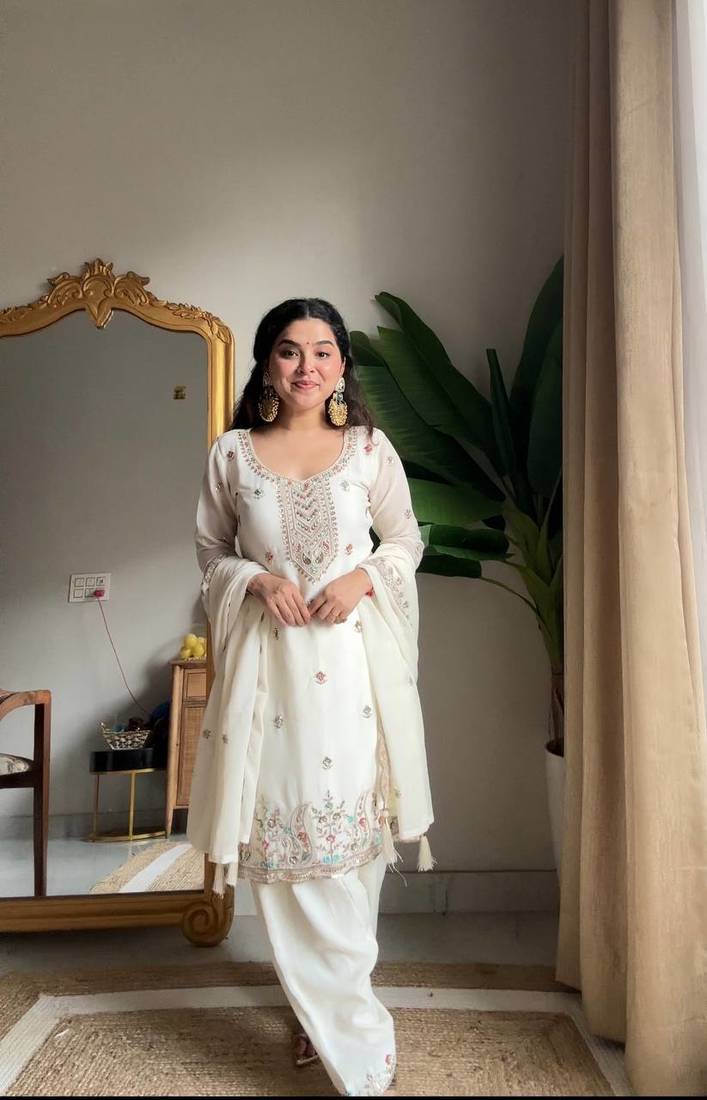 White Chinon Embroidered Salwaar Suit