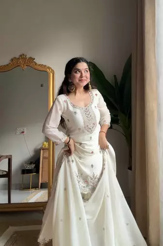 White Chinon Embroidered Salwaar Suit