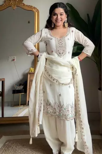 White Chinon Embroidered Salwaar Suit