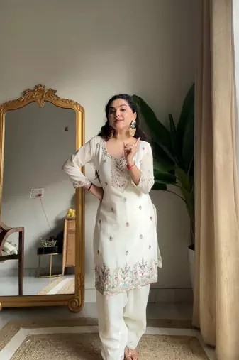 White Chinon Embroidered Salwaar Suit