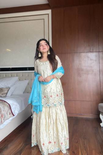 Chinon Sequins Embroidered Kurta Sharara set