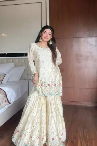 Chinon Sequins Embroidered Kurta Sharara set