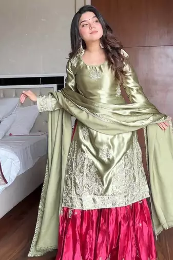 Satin Embroidered Kurta Sharara Set