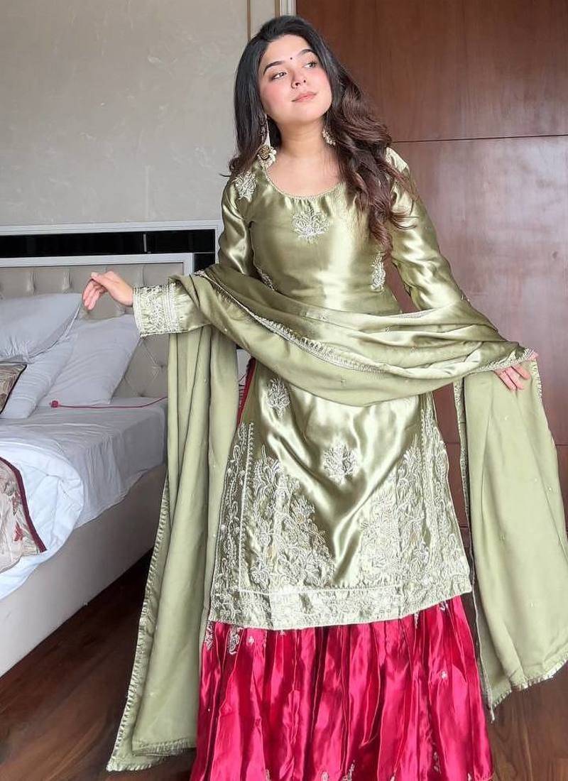 Satin Embroidered Kurta Sharara Set