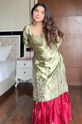 Satin Embroidered Kurta Sharara Set