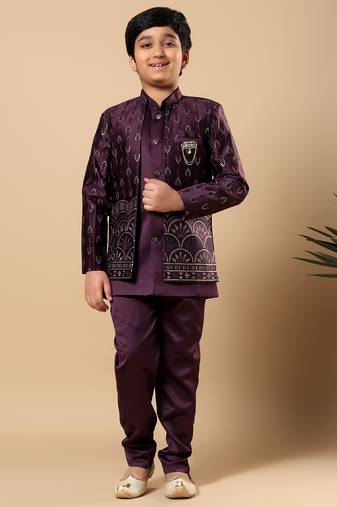 Boys wine satin buti embroidered panel work sequined sherwani & trouser set with shrug