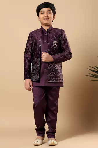 Boys wine satin buti embroidered panel work sequined sherwani & trouser set with shrug