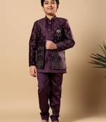 Boys wine satin buti embroidered panel work sequined sherwani & trouser set with shrug