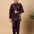 Boys wine satin buti embroidered panel work sequined sherwani & trouser set with shrug