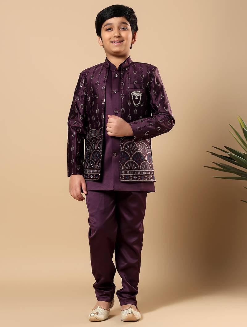 Boys wine satin buti embroidered panel work sequined sherwani & trouser set with shrug