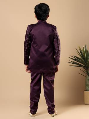 Boys wine satin buti embroidered panel work sequined sherwani & trouser set with shrug 2