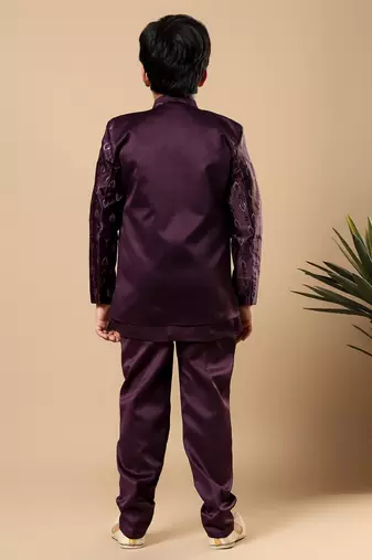 Boys wine satin buti embroidered panel work sequined sherwani & trouser set with shrug