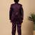 Boys wine satin buti embroidered panel work sequined sherwani & trouser set with shrug