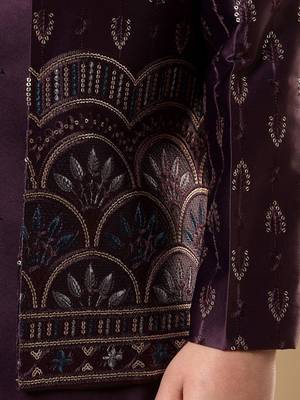 Boys wine satin buti embroidered panel work sequined sherwani & trouser set with shrug 3