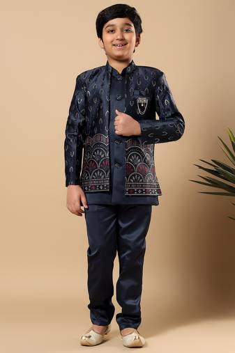 Boys navy blue satin buti embroidered panel work sequined sherwani & trouser set with shrug