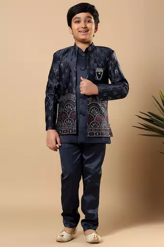 Boys navy blue satin buti embroidered panel work sequined sherwani & trouser set with shrug