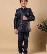 Boys navy blue satin buti embroidered panel work sequined sherwani & trouser set with shrug