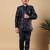 Boys navy blue satin buti embroidered panel work sequined sherwani & trouser set with shrug