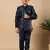 Boys navy blue satin buti embroidered panel work sequined sherwani & trouser set with shrug