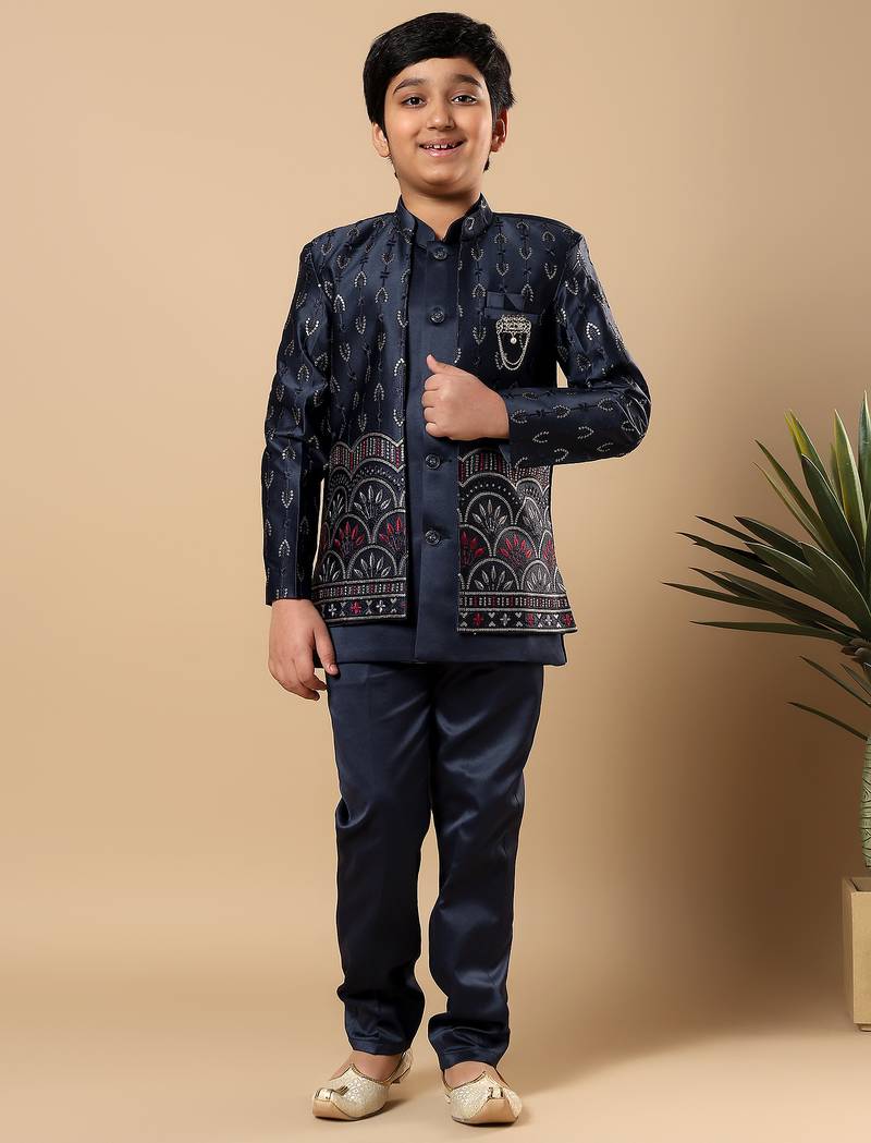 Boys navy blue satin buti embroidered panel work sequined sherwani & trouser set with shrug