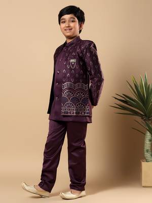 Boys wine satin buti embroidered panel work sequined sherwani & trouser set with shrug 4