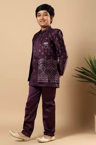 Boys wine satin buti embroidered panel work sequined sherwani & trouser set with shrug