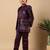 Boys wine satin buti embroidered panel work sequined sherwani & trouser set with shrug