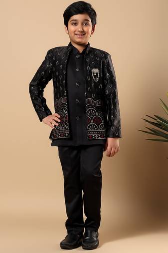 Boys black satin buti embroidered panel work sequined sherwani & trouser set with shrug