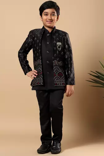 Boys black satin buti embroidered panel work sequined sherwani & trouser set with shrug