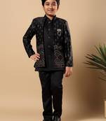 Boys black satin buti embroidered panel work sequined sherwani & trouser set with shrug