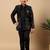 Boys black satin buti embroidered panel work sequined sherwani & trouser set with shrug