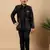Boys black satin buti embroidered panel work sequined sherwani & trouser set with shrug